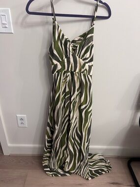 Olive & White Zebra-Print Maxi Dress with Spaghetti Straps